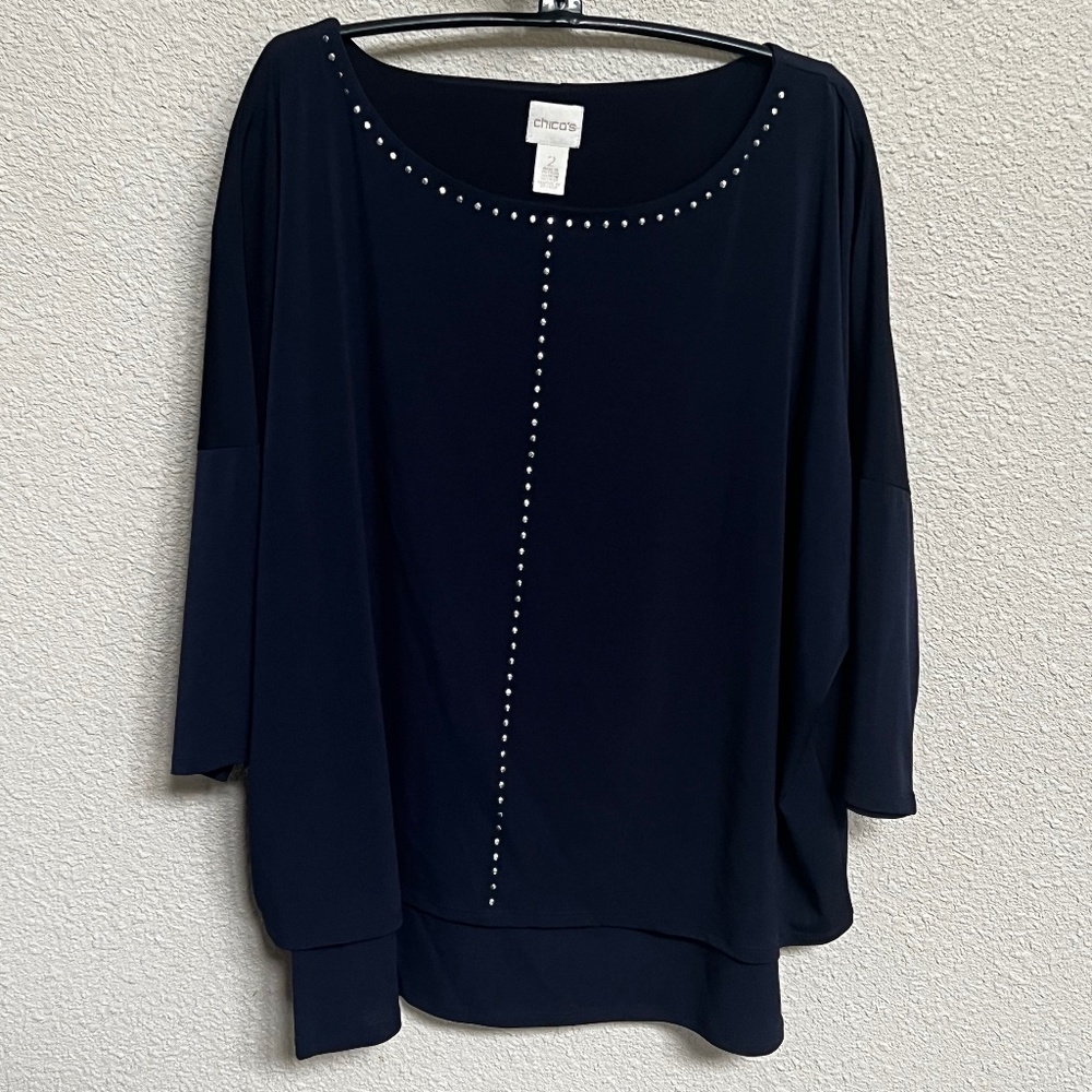 Chico's Navy Blue Pullover Top Silver Studs 2-Tiered Women's Size 16, Chico's 2